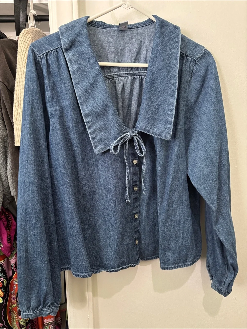 Old Navy Blue Denim Button-Front Tie-Neck Shirt - Picture 1 of 7